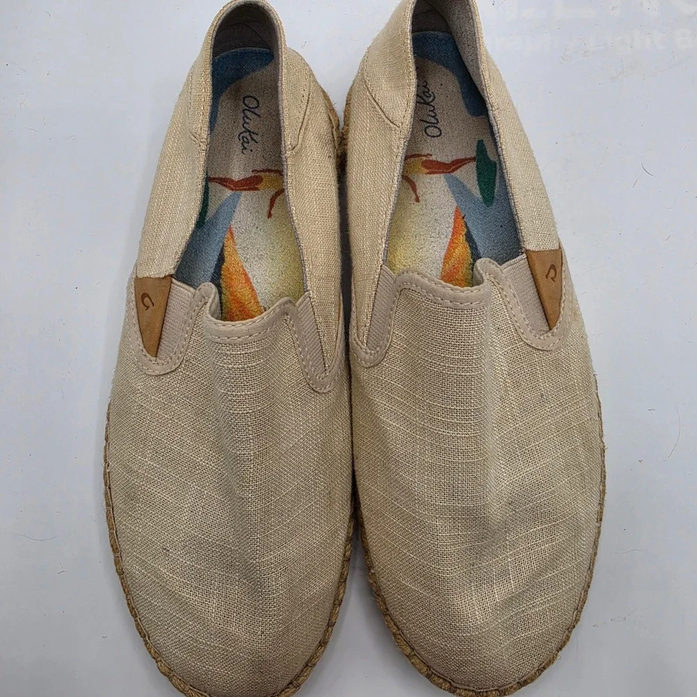 Olukai Kaula Pa'a Kapa Tan Linen Espadrille Slip On Shoes Womens 8.5
